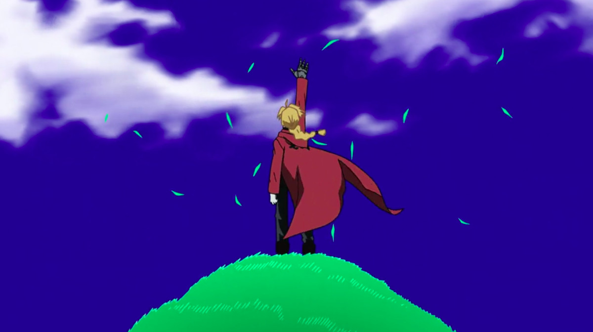 Edward Elric si erge sulla cima di una verde collina, protesa verso il cielo. Indossa il suo caratteristico cappotto rosso al polpaccio e ci sono fili d'erba che volano intorno.