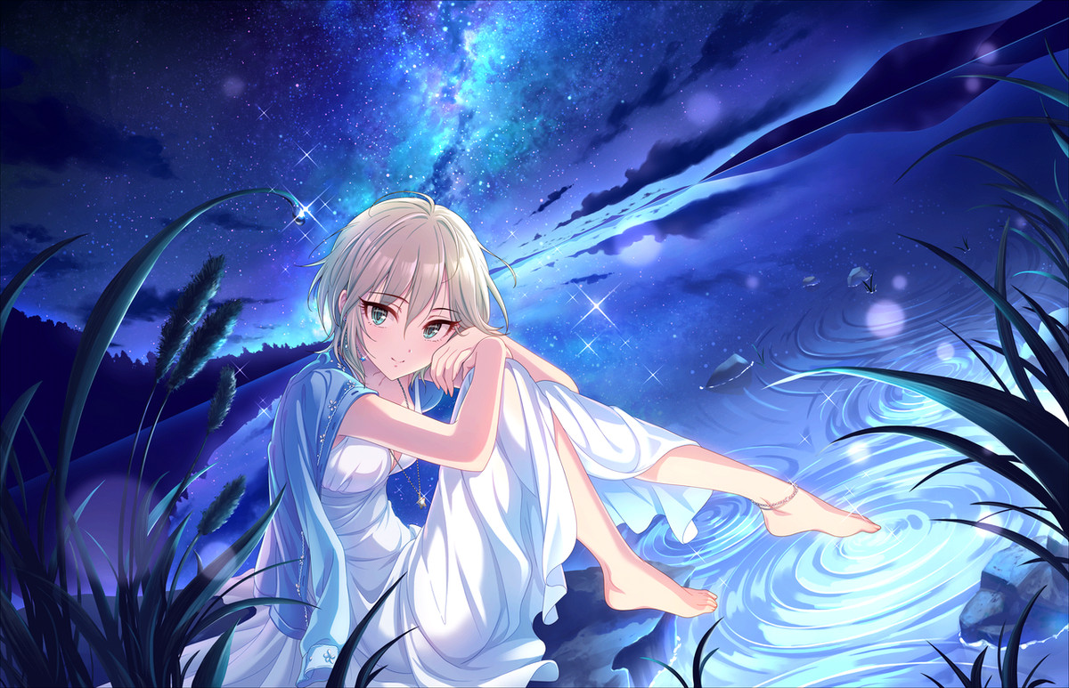 Una ragazza dai capelli bianchi con gli occhi azzurri si siede sotto un cielo notturno, immergendo le dita dei piedi nell'acqua