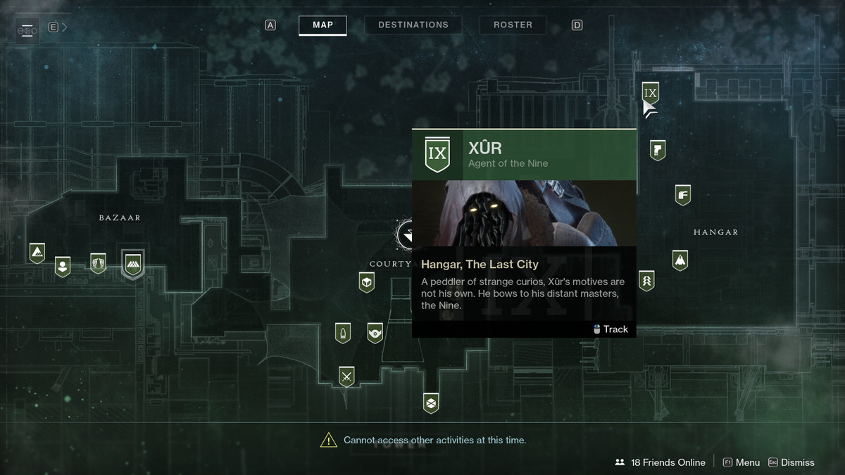 uno screenshot della mappa di Destiny 2 che mostra la posizione di Xur nel Tower Hangar