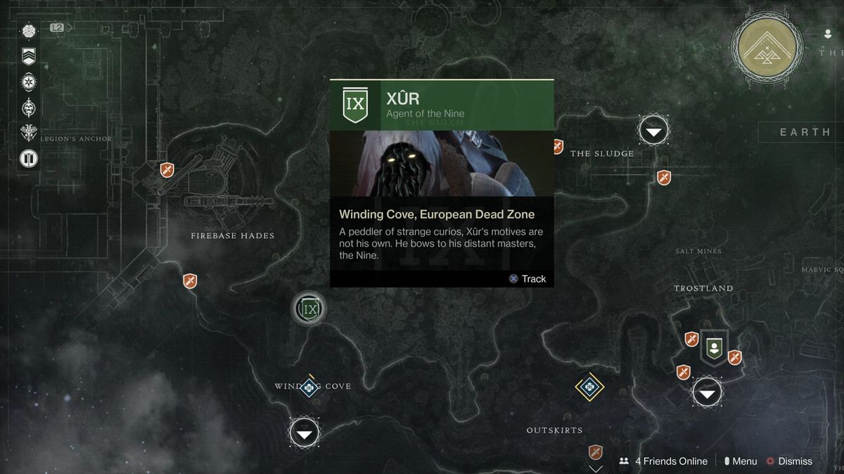 Una mappa della posizione di Xur nell'EDZ in Destiny 2