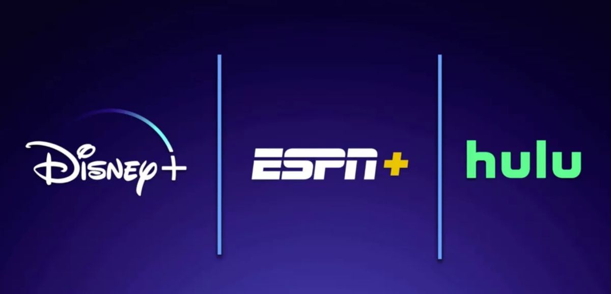Un'immagine affiancata dei loghi Disney Plus, ESPN Plus e Hulu
