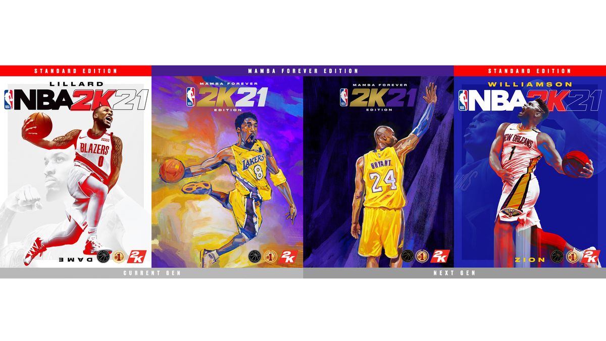 Copertine NBA 2K21: Damian Lillard sull'edizione standard attuale; Kobe Bryant nelle edizioni Mamba Forever attuali e di prossima generazione; e Zion Williamson nell'edizione standard di nuova generazione