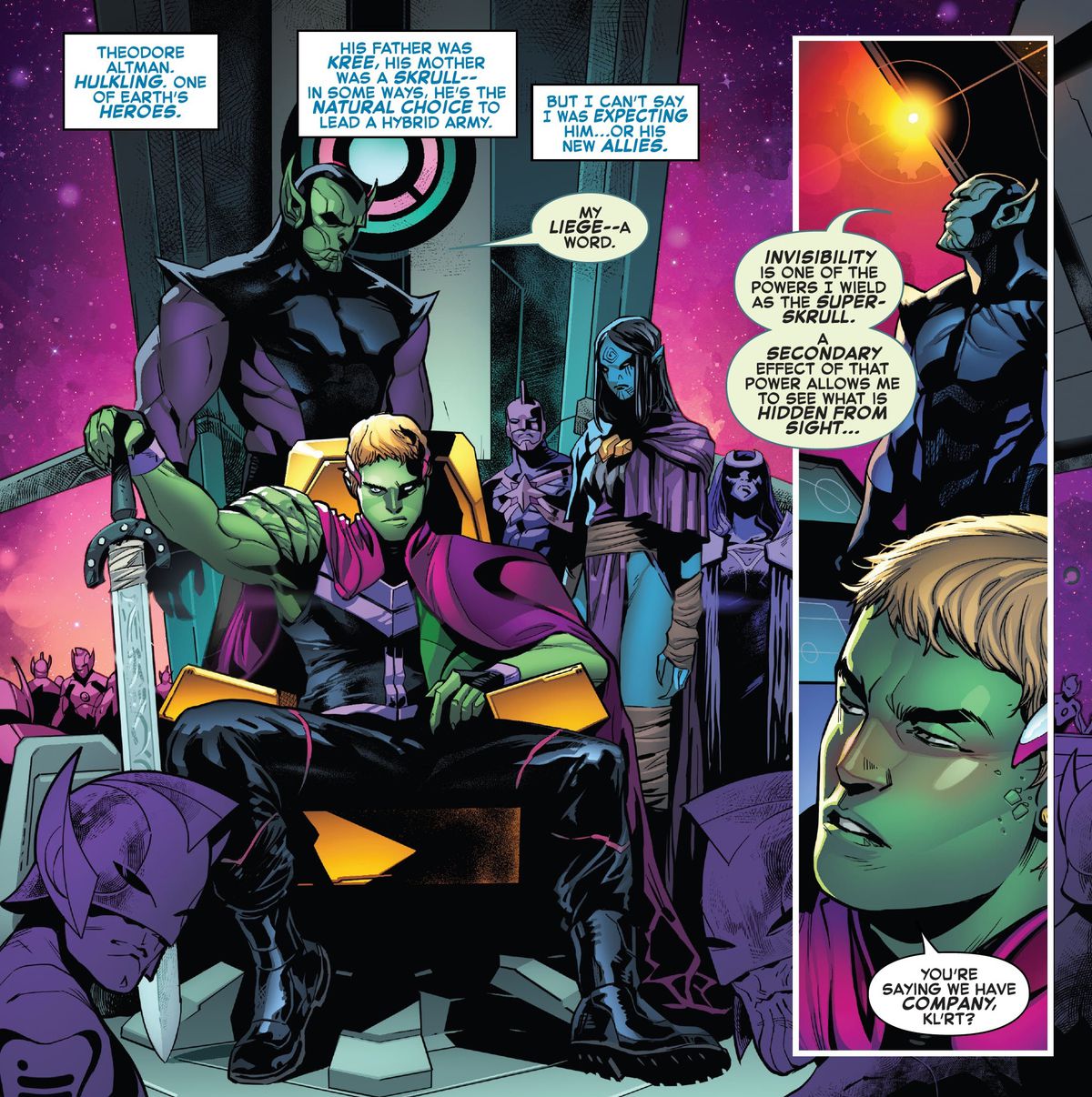 Teddy Altman / Hulkling / Imperatore Dorrek VIII sul suo trono nella nave ammiraglia Kree / Skrull, in Empyre # 1, Marvel Comics (2020). 
