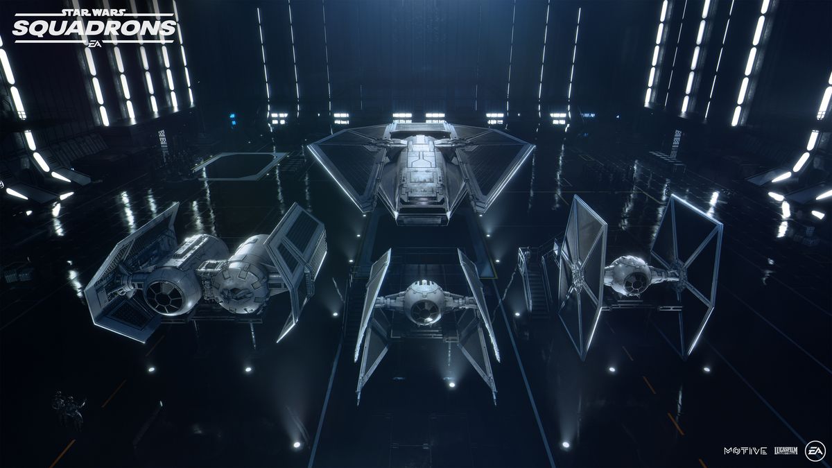 Un TIE Reaper, un TIE Bomber, un TIE Advanced e un Vanilla TIE siedono sulla piattaforma di atterraggio altamente riflettente all'interno di un Imperial Star Destroyer.
