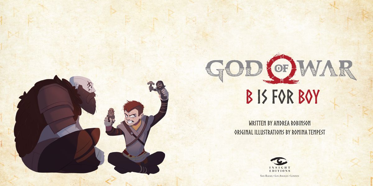 Un'illustrazione di Kratos e Atreus che giocano in God of War: B is For Boy