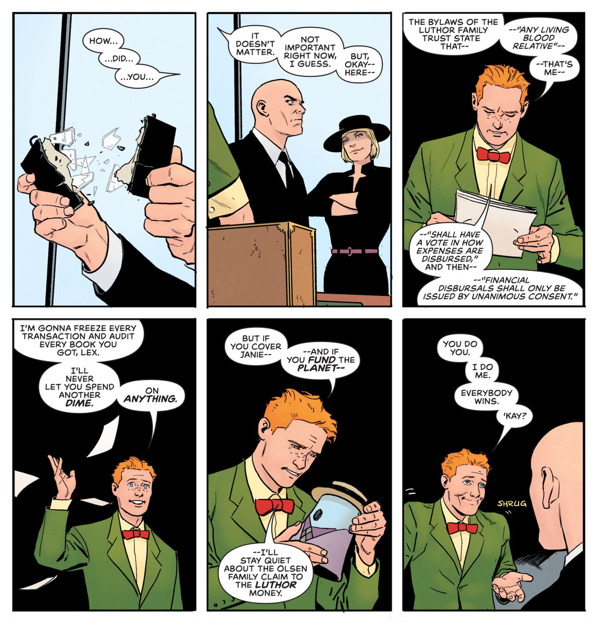 Jimmy Olsen spiega che se Lex Luthor finanzia le opere di sua sorella e il Pianeta quotidiano, non userà il suo potere come erede di Luthor per pasticciare con i soldi di Lex, in Pal Jimmy Olsen n. 12 di Superman, DC Comics (2020). 