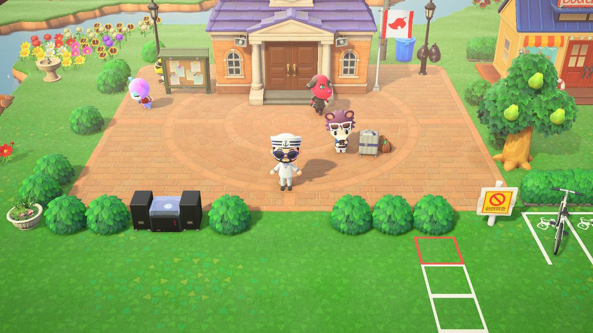 Una foto di paesaggio modificata di un Animal Crossing: New Horizons town square.