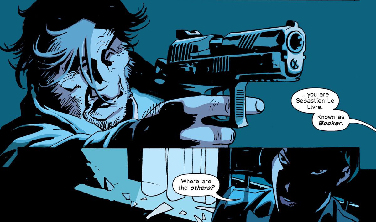 Booker punta una pistola contro Noriko in The Old Guard: Force Multiplied # 1, Image Comics (2020). “Sei Sebastien Le Livre. Conosciuto come Booker 