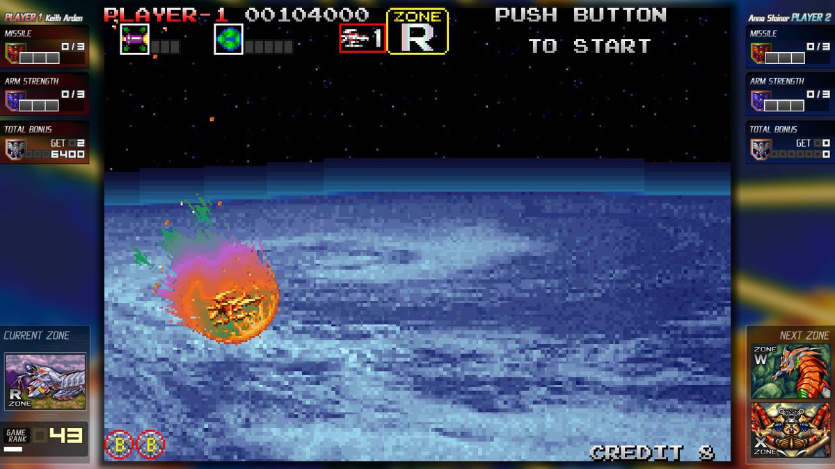 Un'astronave brucia nell'atmosfera di un pianeta alieno nella Collezione Darius Cozmic su Nintendo Switch.