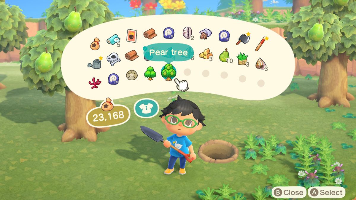 Un abitante del villaggio guarda gli alberi nel loro inventario in Animal Crossing: New Horizons