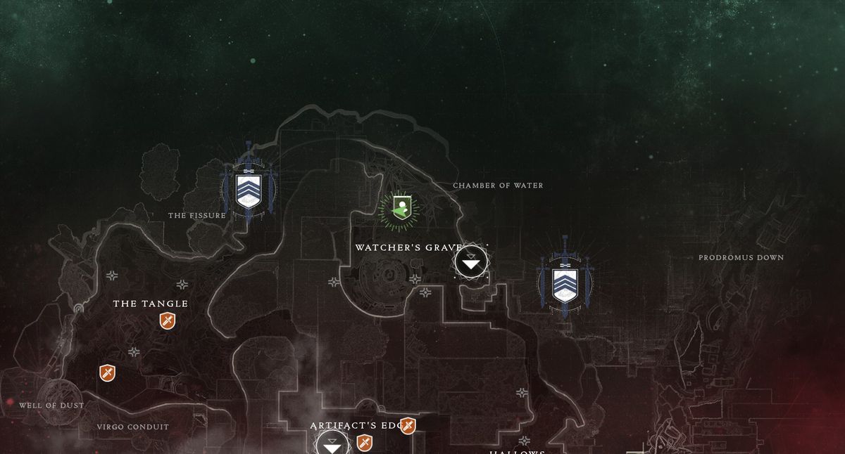 screenshot della mappa di Destiny 2 che mostra un giocatore in piedi nella posizione di Xur su un albero su Nessus