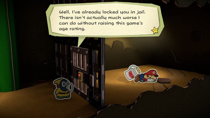 Un ragazzo timido lancia Mario in prigione in uno screenshot di Paper Mario: Color Splash