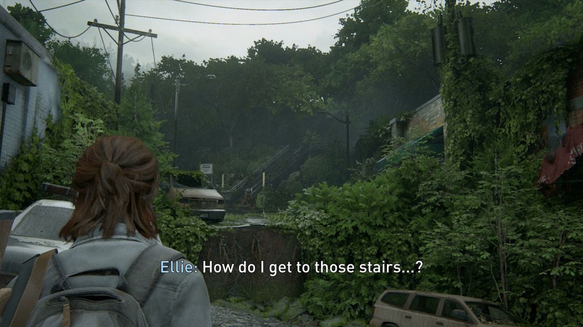 Ellie guarda in lontananza e vede le scale che deve raggiungere, e dice: 