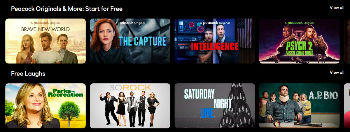 homepage di pavone che mostra serie originali e sitcom NBC
