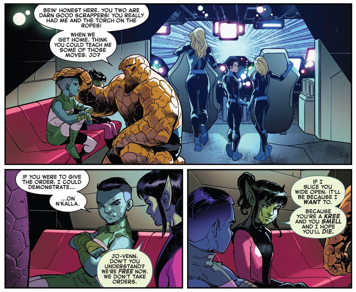 Un bambino di Kree e Skrull si aggirano l'un l'altro sull'astronave dei Fantastici Quattro, in Fantastici Quattro: Empyre # 1, Marvel Comics (2020). 