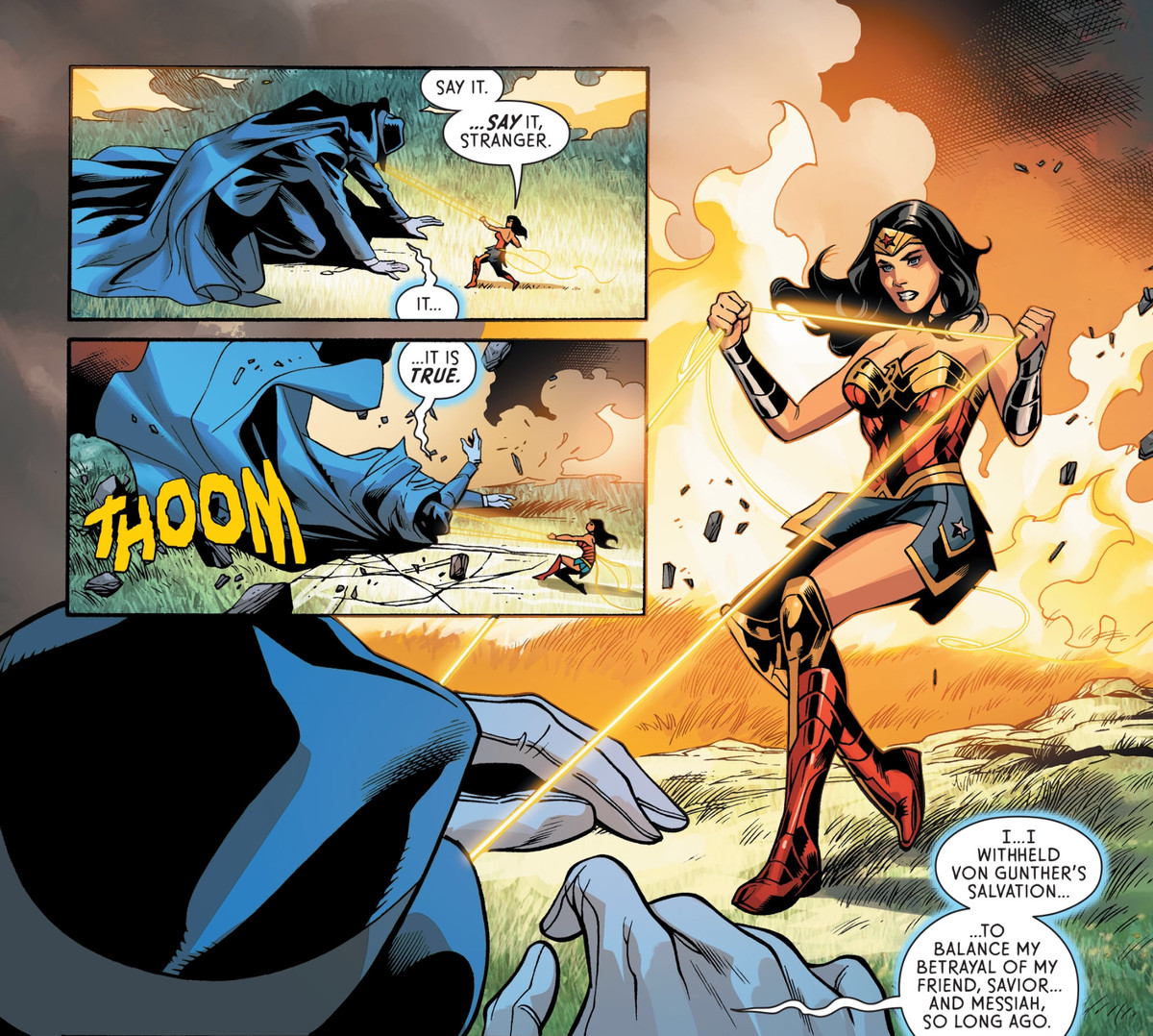 Sotto il potere del lazo di Wonder Woman, lo straniero fantasma / Giuda Iscariota ammette di aver coltivato il peccato di Paula von Gunther per bilanciare il suo tradimento di Gesù Cristo, in Wonder Woman # 758, DC Comics (2020). 