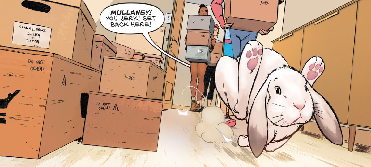 Un coniglio bianco con orecchie pendenti salta rapidamente nell'appartamento di Wonder Woman, oltre diverse Amazzoni che trasportano scatole mobili. Una voce grida “Mullaney! Idiota! Torna qui!