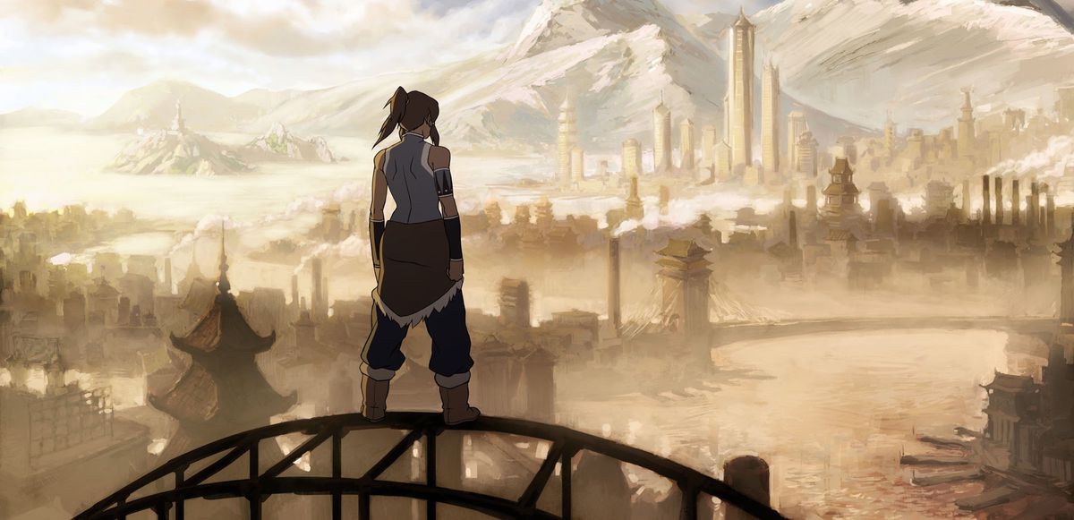 L'omonimo Korra si erge eroicamente con le spalle allo spettatore, in cima a un ponte sospeso, guardando lo skyline di Republic City.