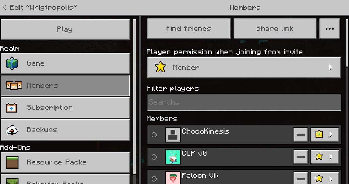 Una schermata del menu per un regno di Minecraft