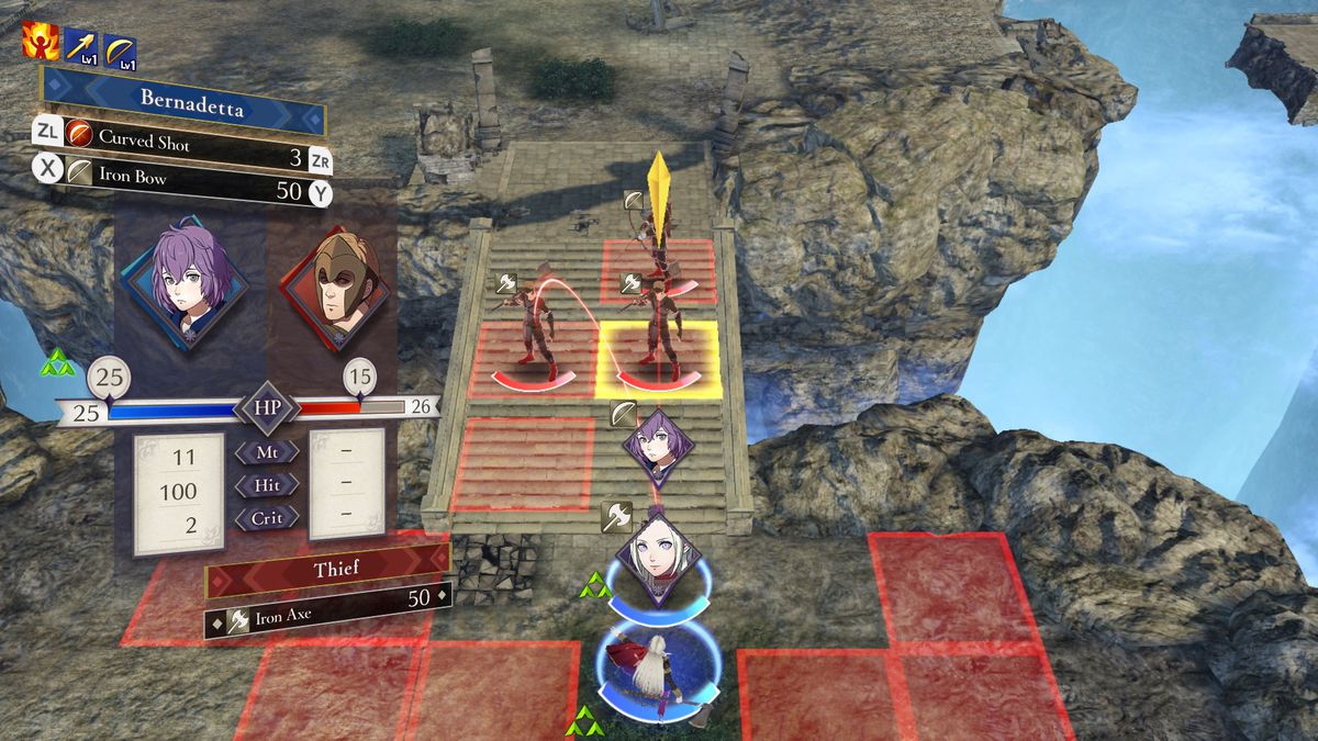 Bernadetta punta una freccia curva scagliata contro un nemico in Fire Emblem: Three Houses