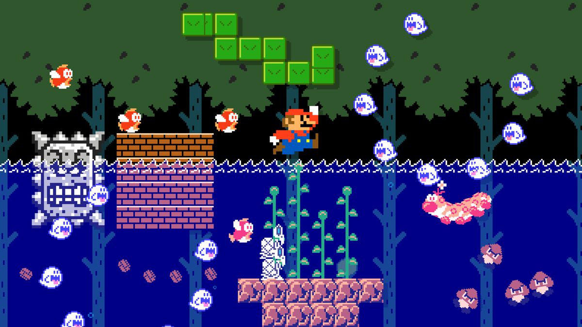 Mario che salta sull'acqua in Super Mario Maker 2