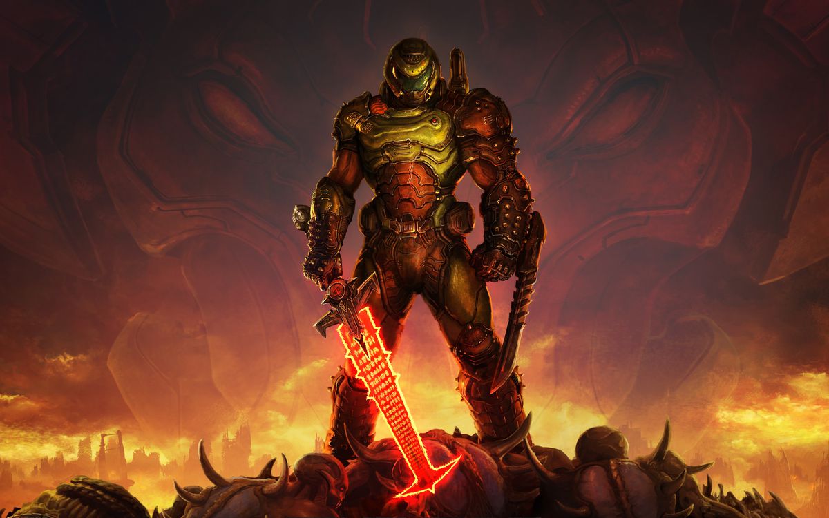 Doomguy è in piedi in cima a un mucchio di cadaveri di demoni che brandiscono una spada incandescente nelle illustrazioni di Doom Eternal