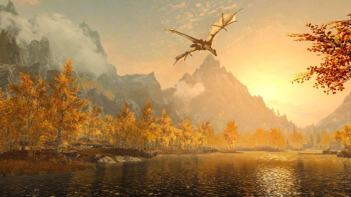 The Elder Scrolls 5: Skyrim - un drago che vola sopra un fiume al tramonto