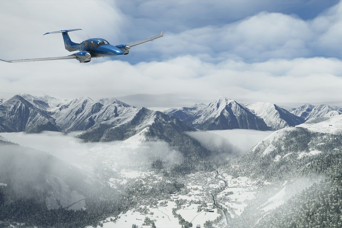 Un bimotore che naviga sulle Alpi innevate in Microsoft Flight Simulator