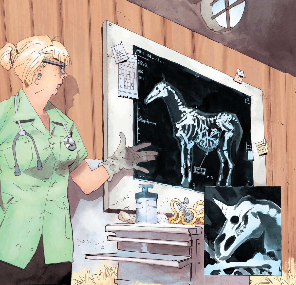 Un veterinario fa un gesto a una radiografia di un cavallo incinta. Il feto ha un solo corno a spirale, in John Constantine Hellblazer # 9, DC Comics (2020). 
