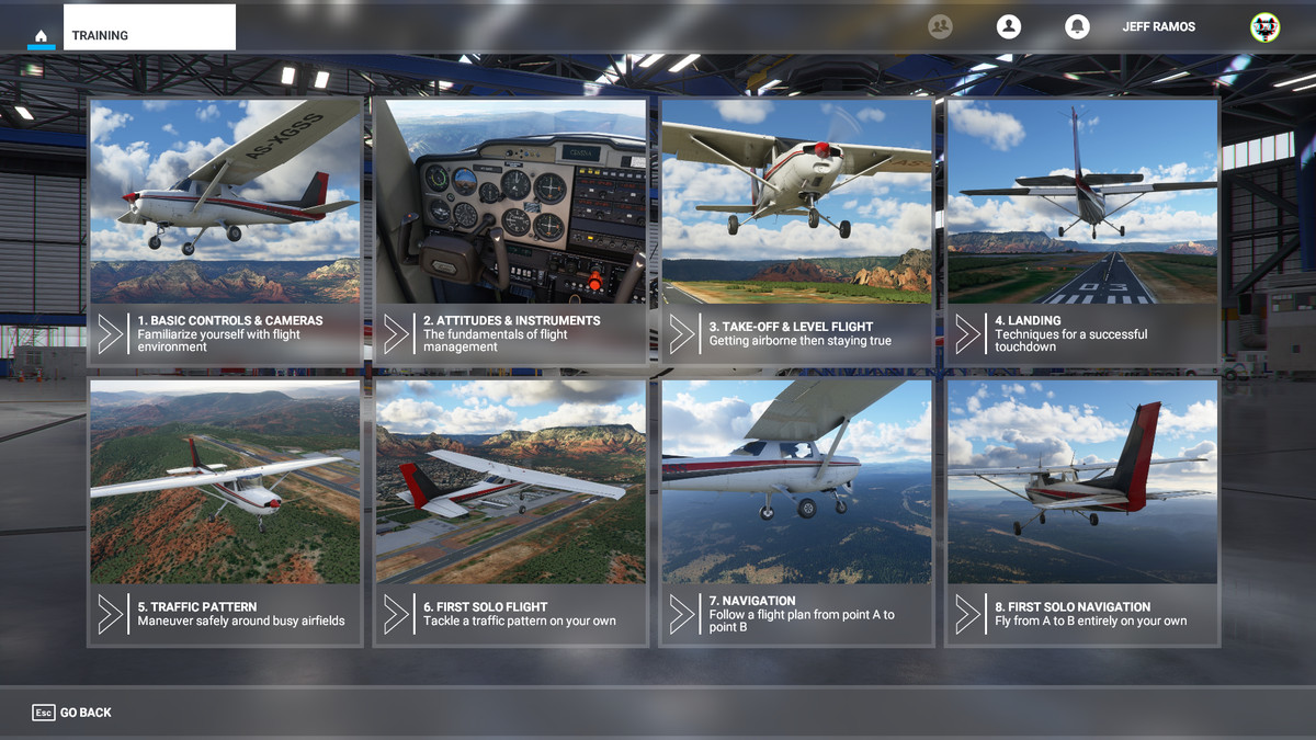 Il menu Flight Training in Microsoft Flight Simulator