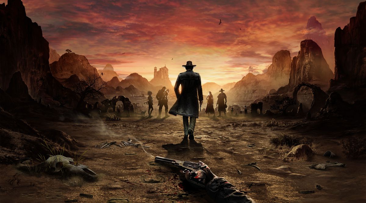 La grafica chiave di Desperados 3 mostra il personaggio principale, Cooper, che cammina verso il tramonto. In primo piano la mano di un morto impugna una pistola.