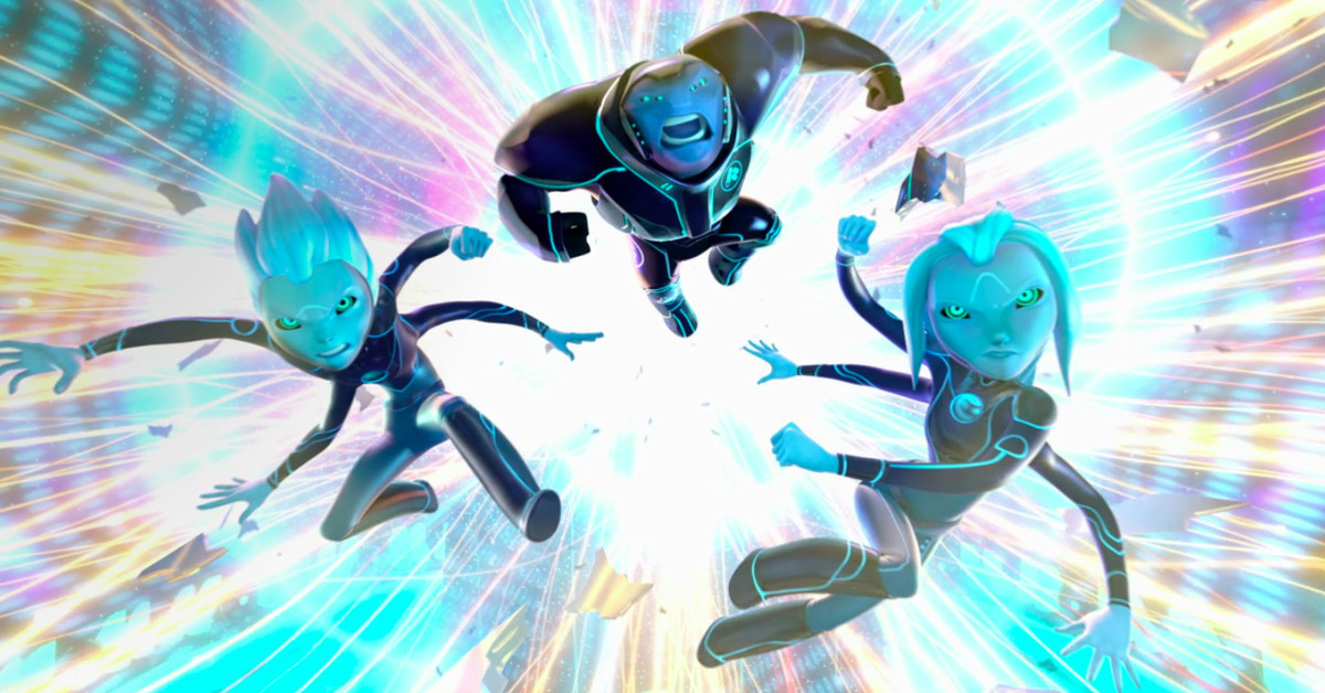 Tre extraterrestri dalla pelle blu saltano davanti a uno sfondo colorato su 3Below