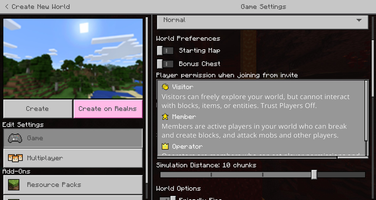 Un esempio di privilegi automatici che possono essere impostati in Minecraft