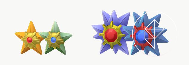 Shiny Staryu e Starmie stanno accanto alle loro versioni originali. Shiny Staryu è verde con una gemma blu e Shiny Starmie è blu con una gemma blu abbinata.