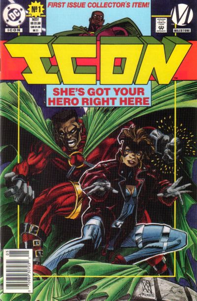 La copertina di Icon # 1 presenta Icon, un supereroe maschio nero in un costume rosso con un voluminoso mantello verde, e Rocket, una giovane adolescente nera in un abito futuristico con una giacca rossa sopra. Milestone Comics (1993). 