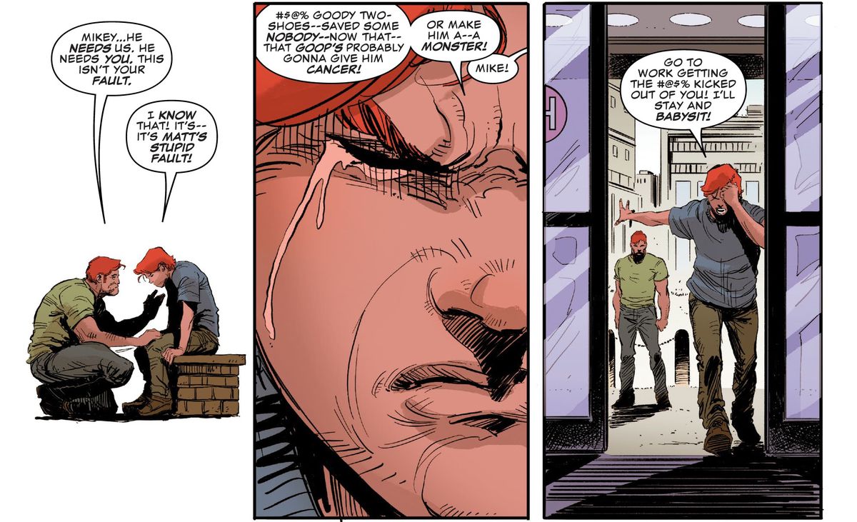 Jack Murdock e suo figlio Mike si scontrano all'indomani dell'incidente che ha lasciato cieco Matt Murdock, in Daredevil Annual # 1, Marvel Comics (2020). 
