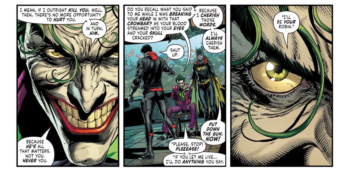 Il Joker schernisce Jason Todd, dicendo che quando lo picchiava con un piede di porco lo supplicava 