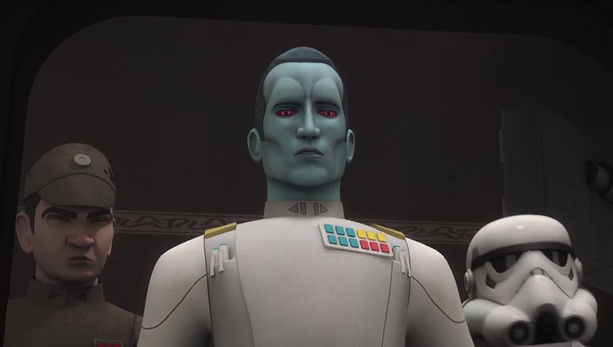 Thrawn in Star Wars: Rebels in piedi di fronte a un ufficiale imperiale e stormtrooper
