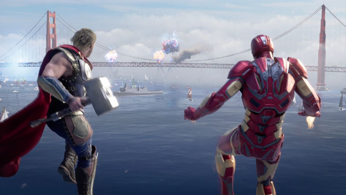 Thor e Iron Man guardano un'esplosione dal cielo