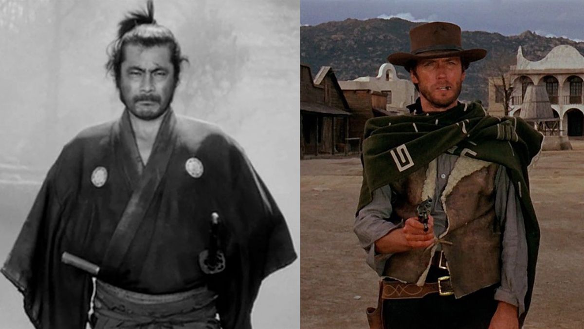 Una ripresa composita di Toshiro Mifune in Yojimbo e Clint Eastwood in A Fistful of Dollars