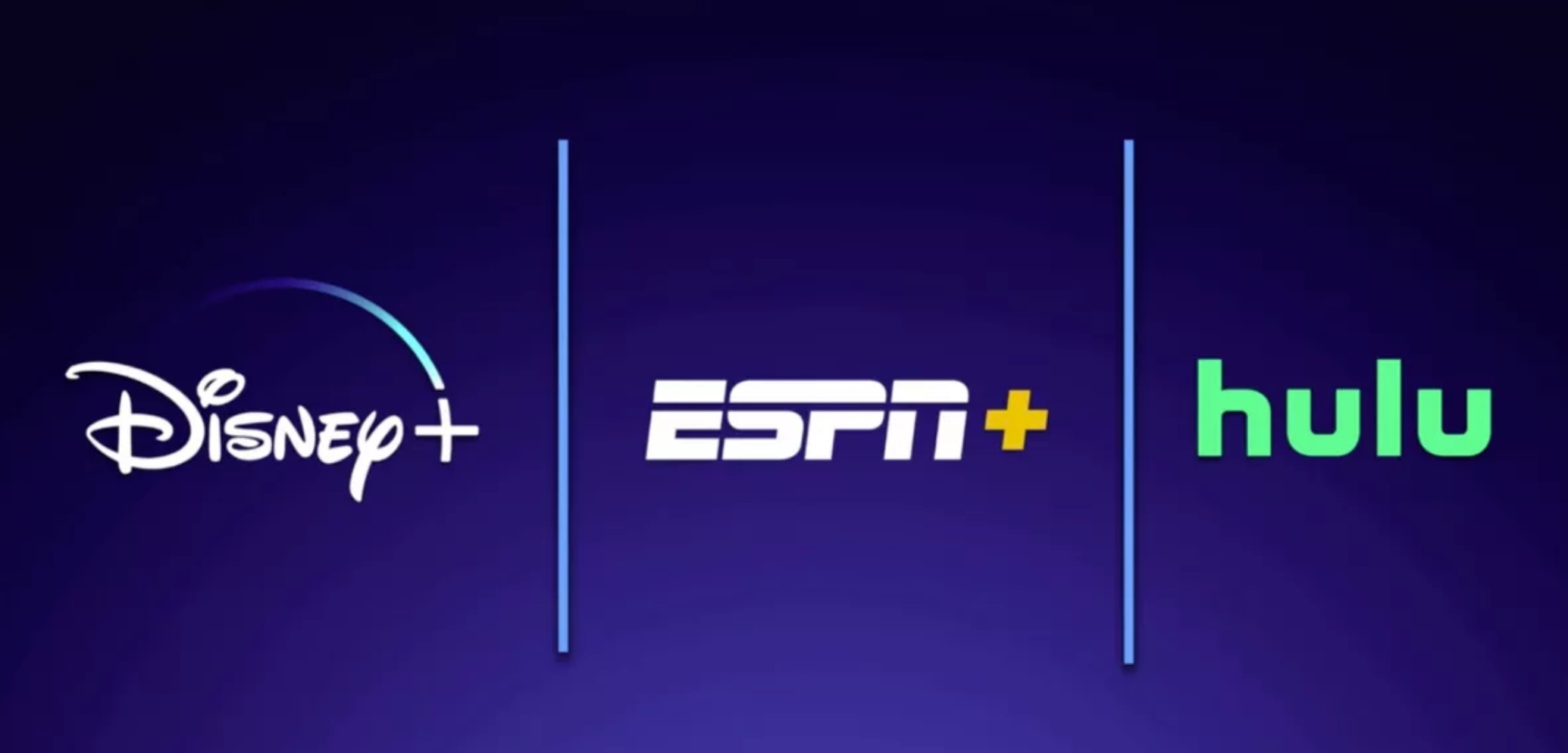 Una grafica affiancata dei loghi Disney Plus, ESPN Plus e Hulu