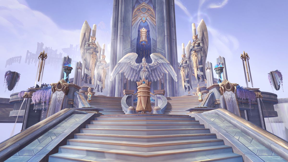 World of Warcraft: un'immagine del santuario kyriano, un baluardo di sicurezza bianco scintillante sotto un cielo blu.