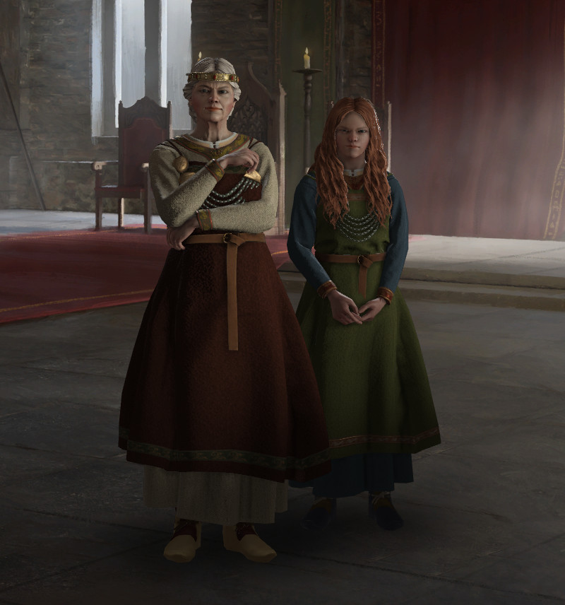 Crusader Kings 3 - una vecchia regina alta sta accanto alla sua giovane nipote, l'erede del suo regno.