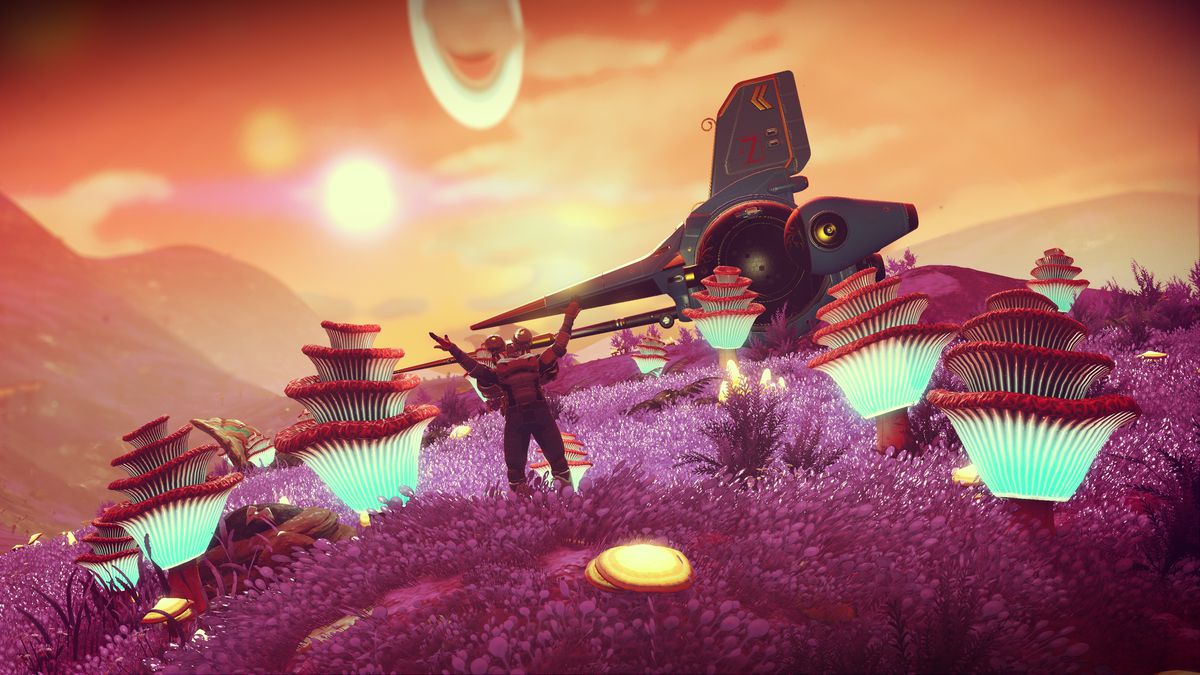 Un astronauta alza le braccia in un campo di funghi luminosi in uno screenshot di No Man’s Sky: Origins.