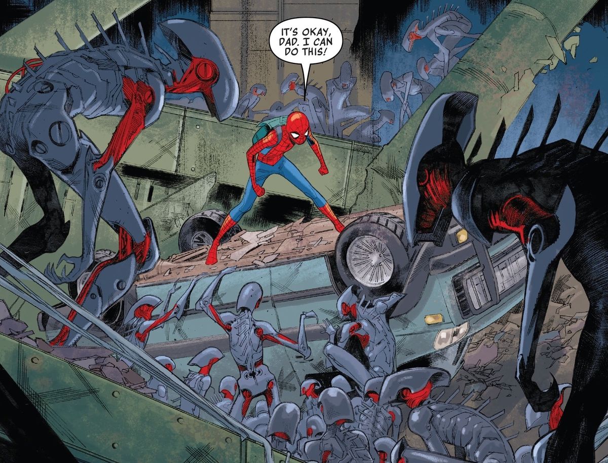 Spider-Man combatte i servi di Cadaverous in Spider-Man # 4, Marvel Comics (2020). 