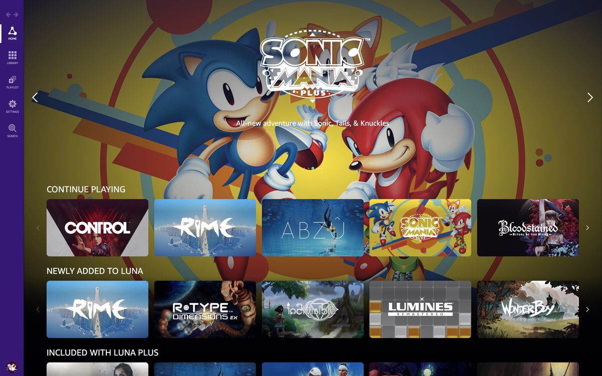 L'interfaccia di Luna, che mostra una varietà di giochi con la grafica di Sonic Mania sullo sfondo