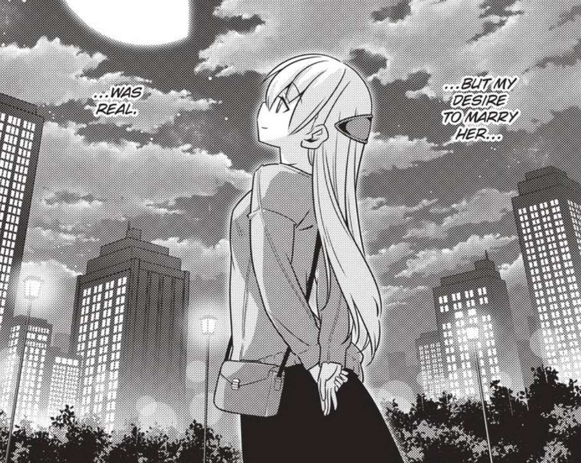 Una ragazza con un grosso fermaglio per capelli guarda il cielo circondato da edifici, Fly Me to the Moon, Vol. 1, Viz Media. 