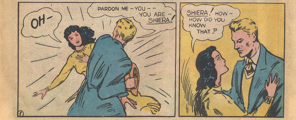 Carter e Shiera si incontrano per la prima volta nella loro vita attuale, nella primissima storia di Hawkman in Flash Comics # 1, DC Comics (1940). 