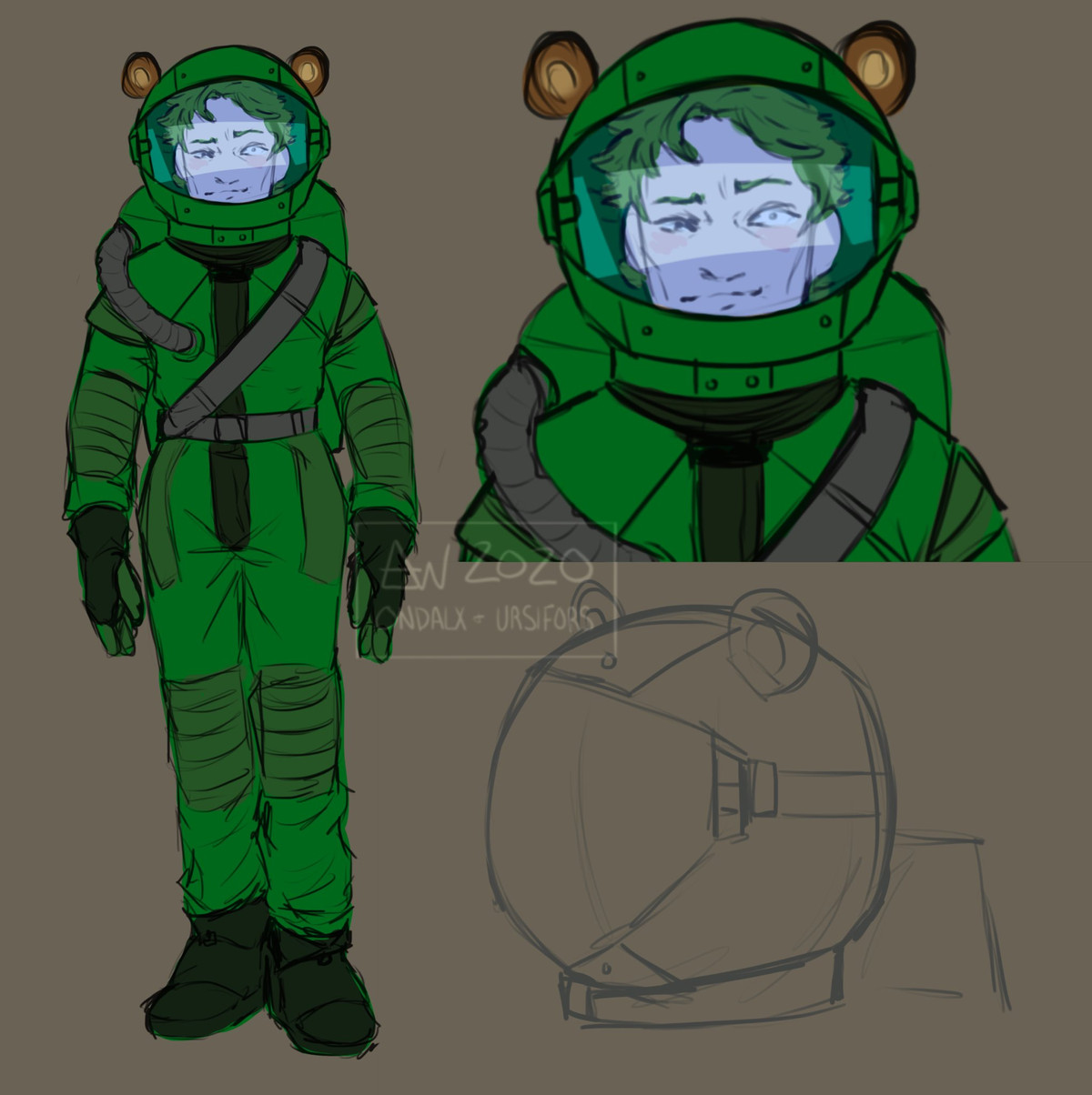 Una crewsona di Among Us disegnata dai giocatori che mostra un compagno di squadra verde scuro con le orecchie d'orso sul casco