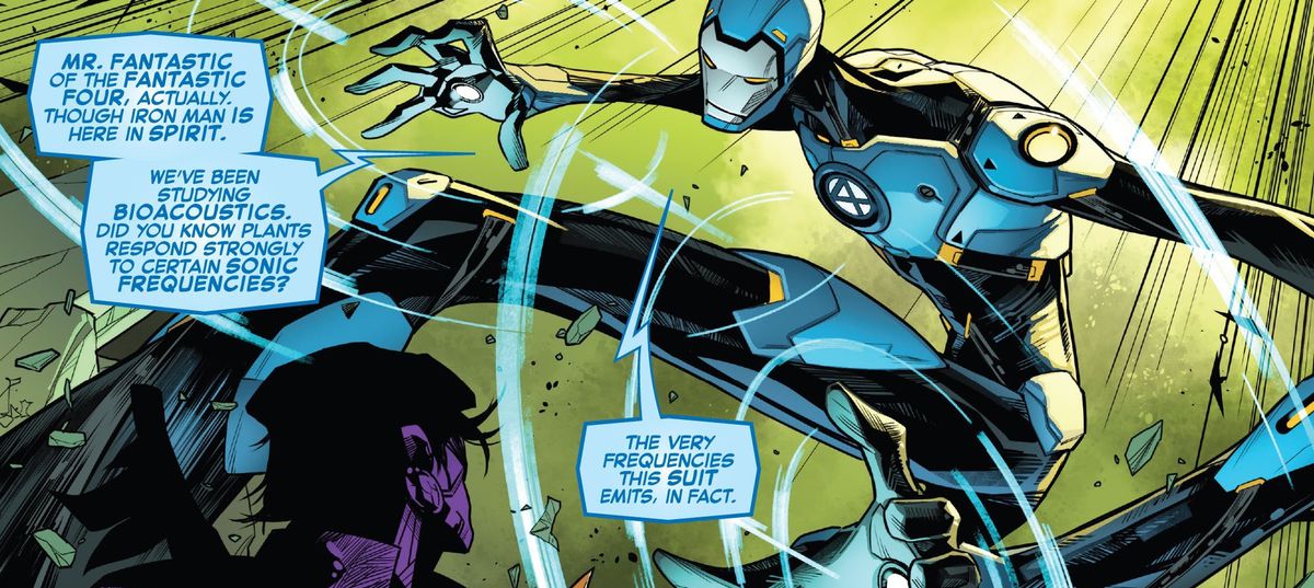 Mr.Fantastic combatte Quoi, indossando un abito elasticizzato di Iron Man in Empyre # 6, Marvel Comics (2020). 